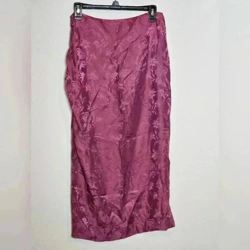 PAIGE Jenette Rouched Floral Silk Midi Skirt Womens Medium Dusty Plum NEW - Picture 5 of 9
